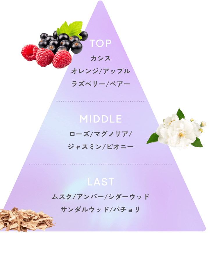 【トップ】カシス/オレンジ/アップル/ラズベリー/ペアー 【ミドル】ローズ/マグノリア/ジャスミン/ピオニー 【ラスト】ムスク/アンバー/サンダルウッド/パチョリ